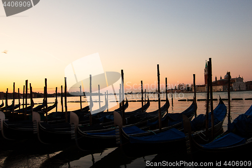 Image of Gondolas in Venice, Italy at sunrise