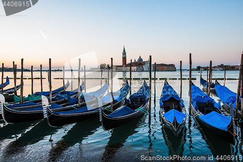 Image of Gondolas in Venice, Italy at sunrise