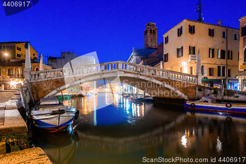 Image of Canal view in Venice, Italy at blue hour before sunrise