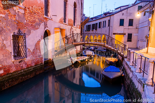 Image of Canal view in Venice, Italy at blue hour before sunrise