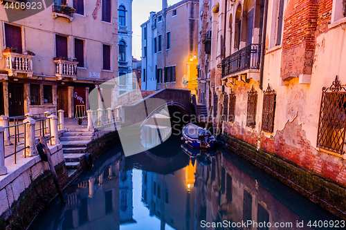 Image of Canal view in Venice, Italy at blue hour before sunrise