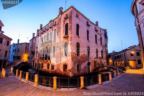 Image of Canal view in Venice, Italy at blue hour before sunrise