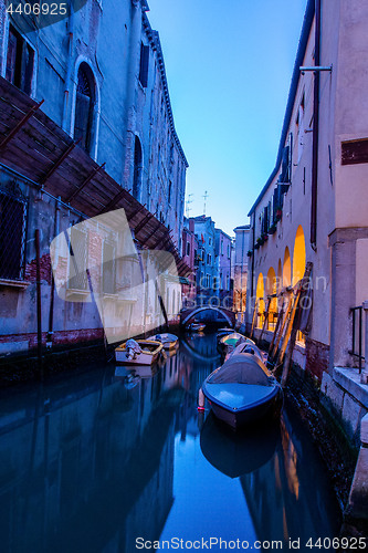 Image of Canal view in Venice, Italy at blue hour before sunrise