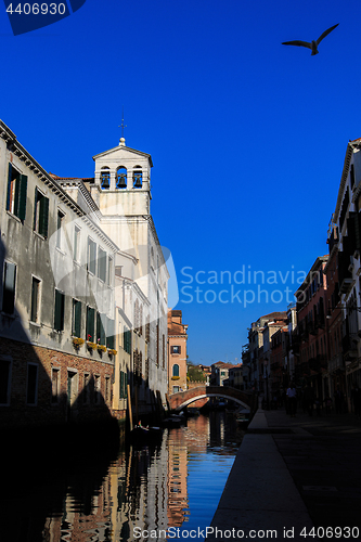 Image of A canal view vith a flying bird in Venice Italy