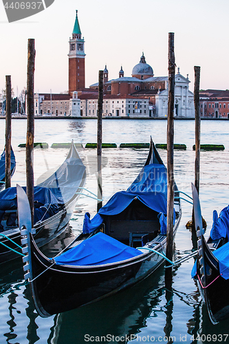 Image of Gondolas in Venice, Italy at sunrise