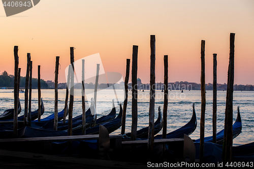 Image of Gondolas in Venice, Italy at sunrise