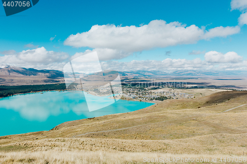 Image of Aerial view of Lake Tekapo from Mount John Observatory in Canter