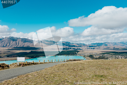 Image of Aerial view of Lake Tekapo from Mount John Observatory in Canter