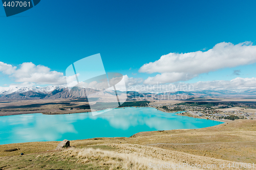 Image of Aerial view of Lake Tekapo from Mount John Observatory in Canter