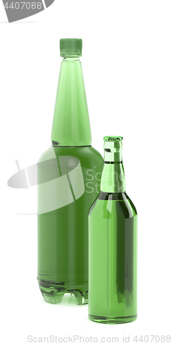 Image of Green beer bottles on white background 
