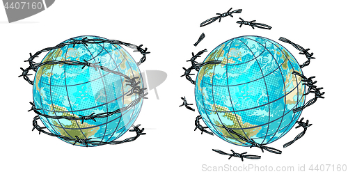 Image of set planet earth in barbed wire and without