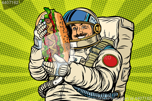Image of Moustached astronaut with a hotdog