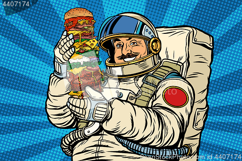 Image of Mustachioed astronaut with giant Burger