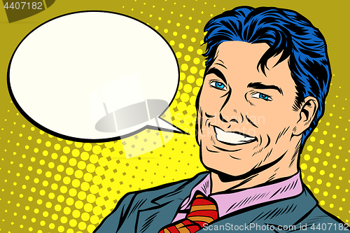 Image of smiling businessman speech comics bubble