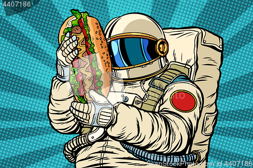 Image of astronaut with a hot dog, street fast food