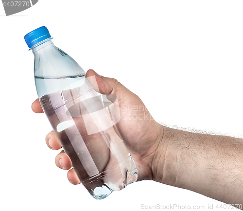 Image of Closed plastic water bottle in hand