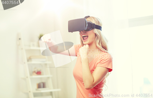 Image of woman in virtual reality headset or 3d glasses