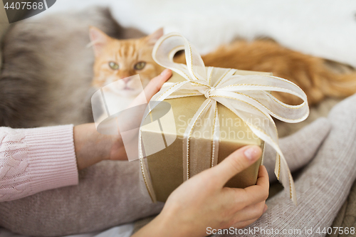 Image of close up of female hands holding christmas gift