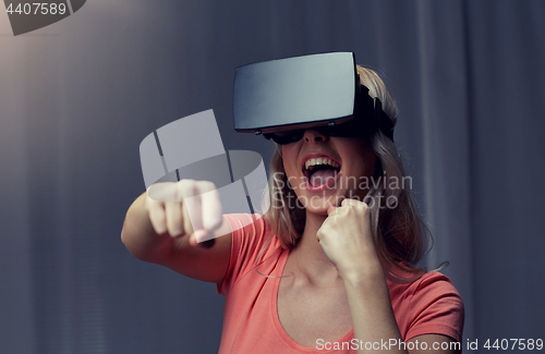 Image of woman in virtual reality headset or 3d glasses