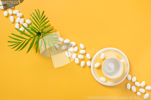 Image of White chocolate, palm leaves and yellow teacup