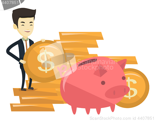 Image of Business man putting coin in piggy bank.