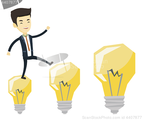 Image of Business man jumping on light bulbs.