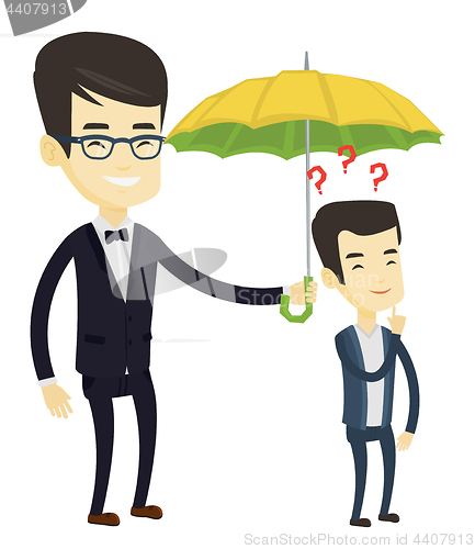 Image of Businessman holding umbrella over man.