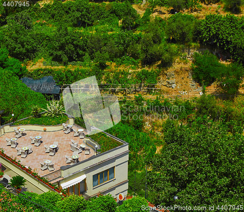 Image of Empty open air restaurant at Amalfi coast, southern Italy