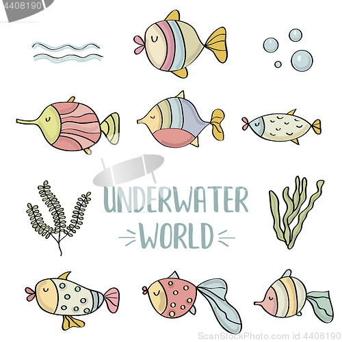 Image of doodle fishes set, underwater world