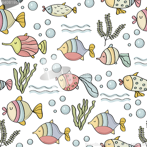 Image of doodle seamless pattern with fishes