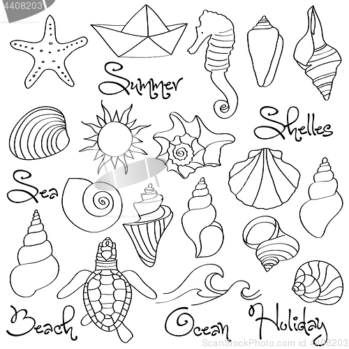 Image of Hand drawn doodle Seashells and Sea elements set