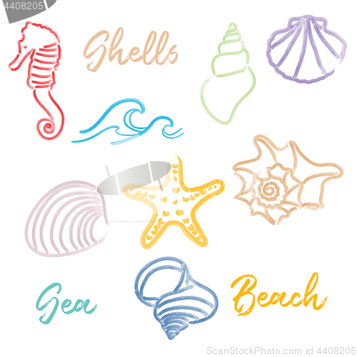 Image of Hand drawn doodle watercolor Seashells and Sea elements set