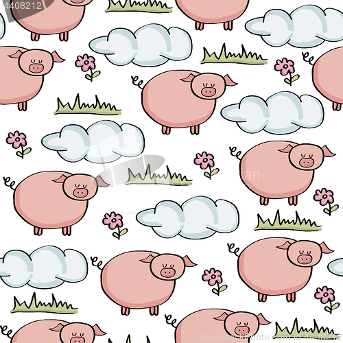 Image of doodle seamless pattern with pigs