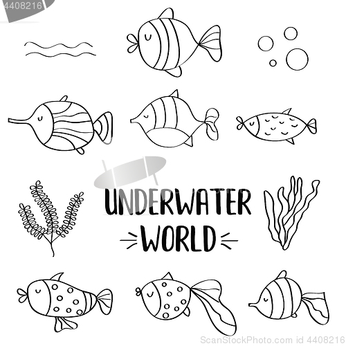 Image of doodle fishes set for colorig