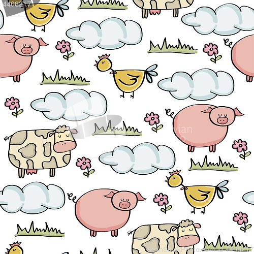 Image of doodle seamless pattern with animal farm