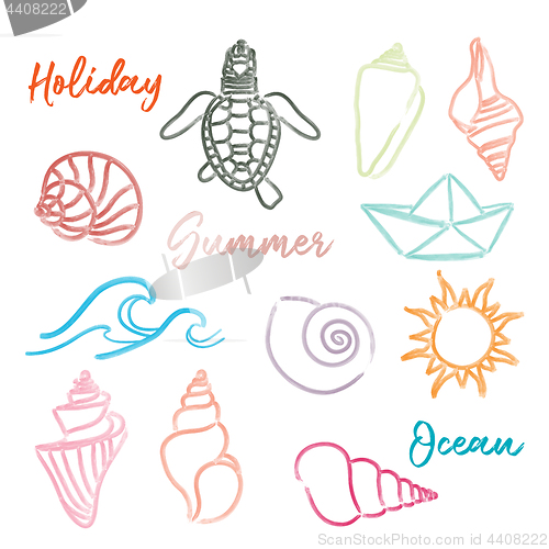 Image of Hand drawn doodle watercolor Seashells and Sea elements set