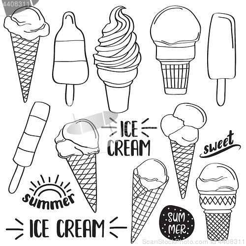 Image of Doodle ice cream collection  isolated in black and white for col