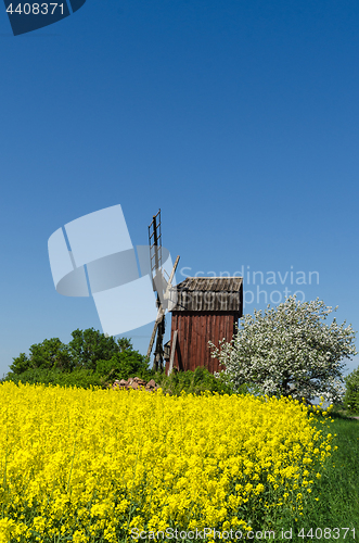 Image of Old wooden windmill surrounded of spring season colors