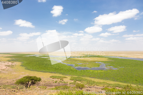 Image of Panoramiv view of Amboseli national park, wildlife conservation area in Kenya.