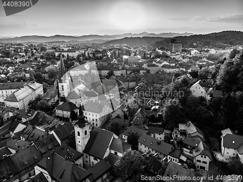 Image of Aerial view of old medieval city center of Ljubljana, capital of Slovenia.