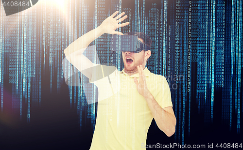 Image of man in virtual reality headset or 3d glasses