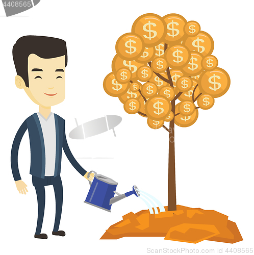 Image of Man watering money tree vector illustration.