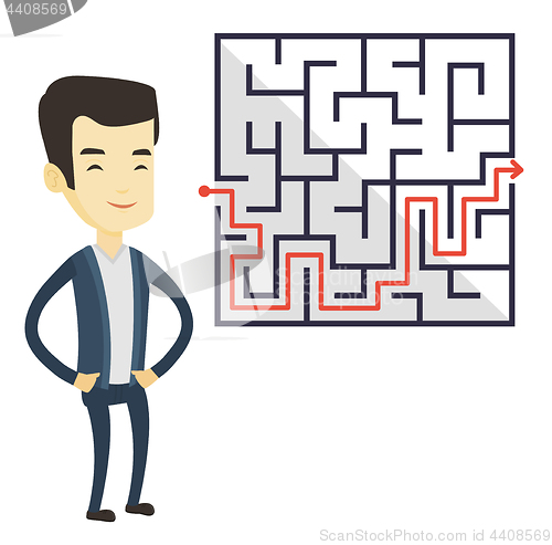 Image of Business man looking at labyrinth with solution.