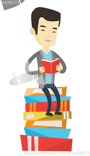 Image of Student sitting on huge pile of books.