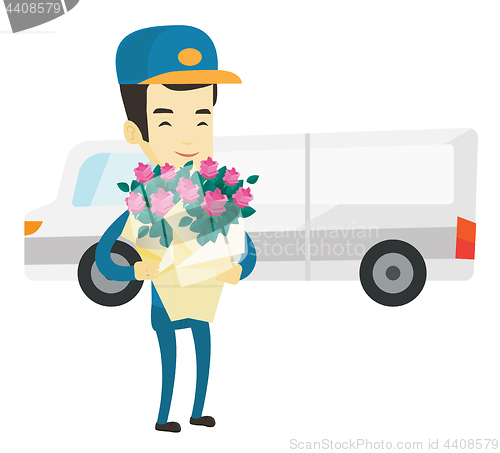 Image of Delivery courier holding bouquet of flowers.