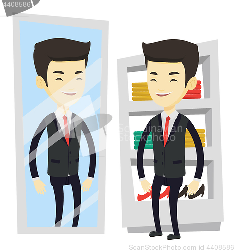 Image of Man trying on clothes in dressing room.