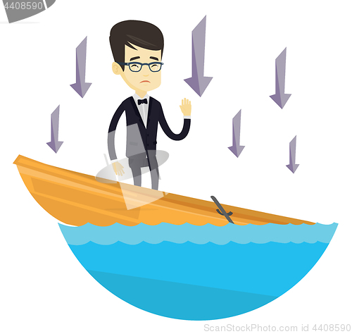 Image of Business man standing in sinking boat.