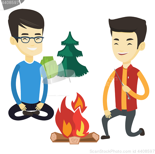 Image of Two friends sitting around bonfire in camping.