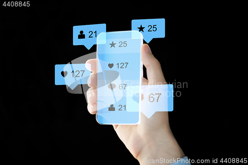 Image of hand with social media icons on smartphone