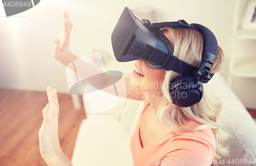 Image of woman in virtual reality headset or 3d glasses